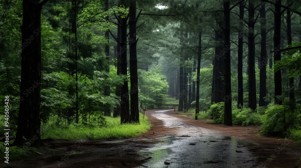 Fototapeta premium Serene Forest Path After Rain: A Tranquil Woodland Scene