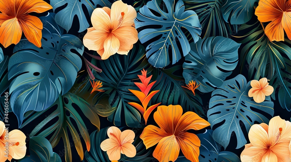 Modern seamless pattern showcasing an exotic floral jungle design Modern seamless pattern showcasing an exotic floral jungle design