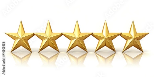 Five Shiny Gold Stars on White Background, 3D Render, Star Rating, Customer Feedback, Success ,star rating, customer feedback photo