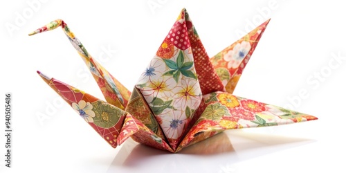 Floral Origami Crane, White Background, Japanese Paper, Origami, Crane, Japanese Art photo