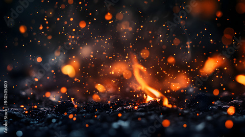 "Fire Burning on a Black Background with Sparks and Embers, Capturing the Intensity and Dynamic Movement of Flames, Ideal for Dramatic Effects, Heat-Related Themes, and Visualizing Passion and Energy"