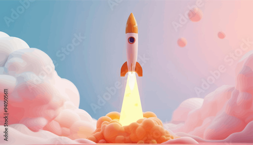 Orbiting Rocket Launching into Pink Clouds