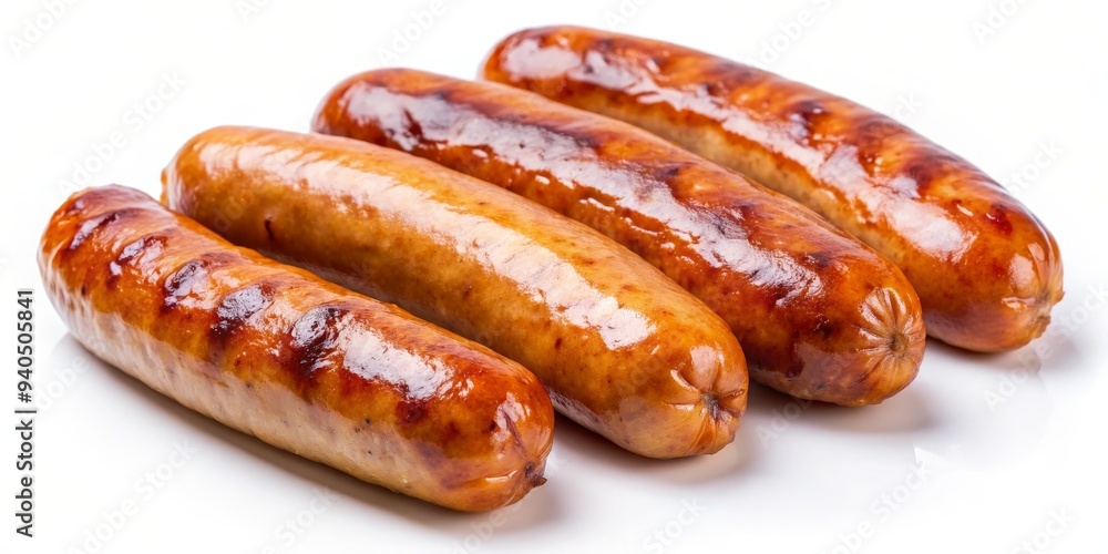 Four Grilled Sausages on White Background, Food Photography, Delicious, Appetizing, Sausage, Grilled Sausage, Food Four Grilled Sausages on White Background, Food Photography, Delicious, Appetizing, Sausage, Grilled Sausage, Food