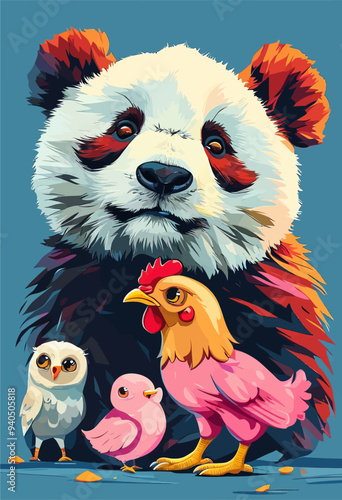 Panda, Chicken, and Owl: A Trio of Animals in a Vibrant Artistic Portrait