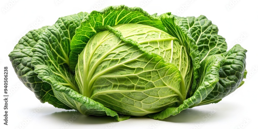 Obraz premium Fresh Green Cabbage Head on White Background, Vegetables, Food, Organic, Nutrition