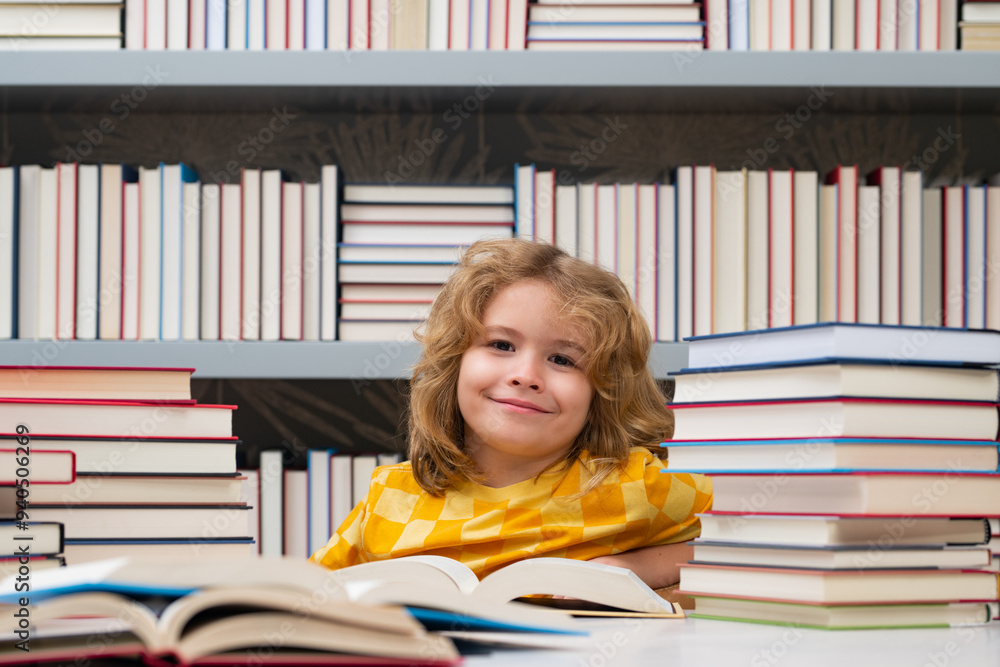 School books and education concept. Kid on school library. Child reading book at school. Nerd pupil studying in classroom. Clever intelligent schoolboy overwork. Smart child learning to read book School books and education concept. Kid on school library. Child reading book at school. Nerd pupil studying in classroom. Clever intelligent schoolboy overwork. Smart child learning to read book