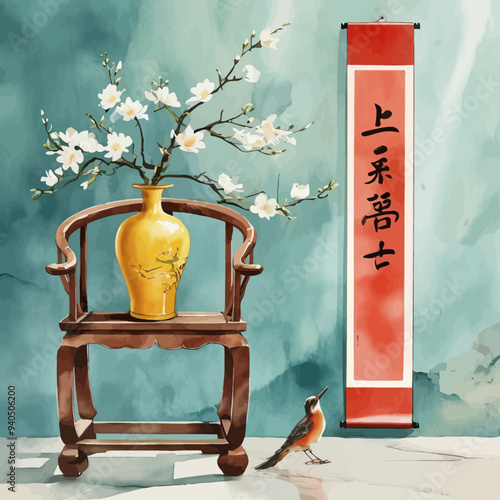 Peaceful Garden Scene with Bird and Flowers