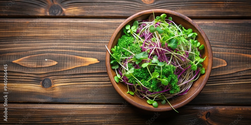 Fresh Microgreens in Wooden Bowl on Rustic Wood,Microgreens,Sprouting,Healthy Eating Fresh Microgreens in Wooden Bowl on Rustic Wood,Microgreens,Sprouting,Healthy Eating