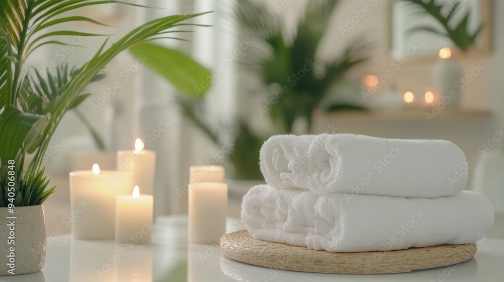 Spa Relaxation with Rolled Towels and Burning Candles Spa Relaxation with Rolled Towels and Burning Candles