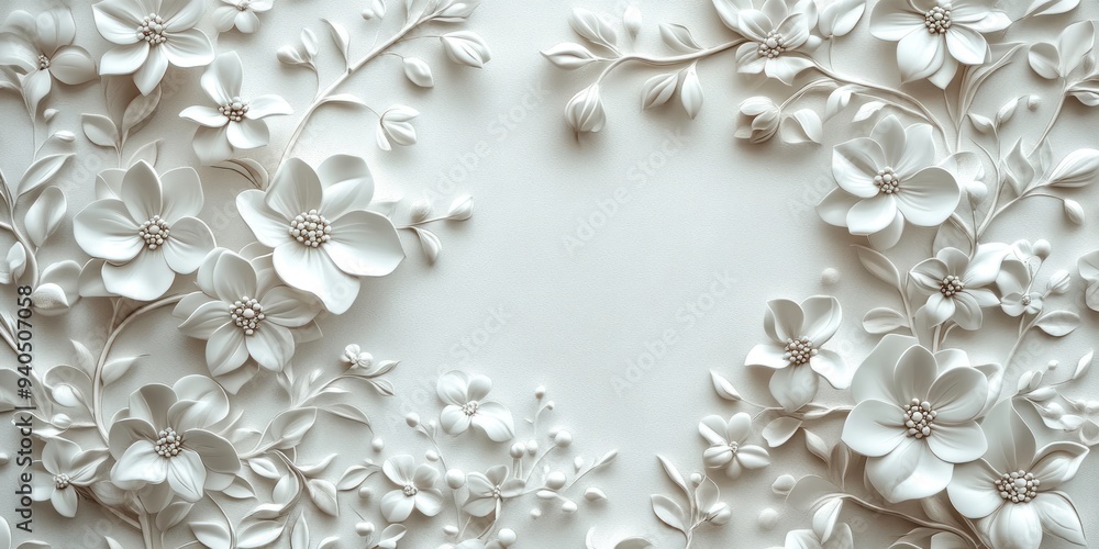 White 3D Floral Wall Design with a Central Empty Space White 3D Floral Wall Design with a Central Empty Space