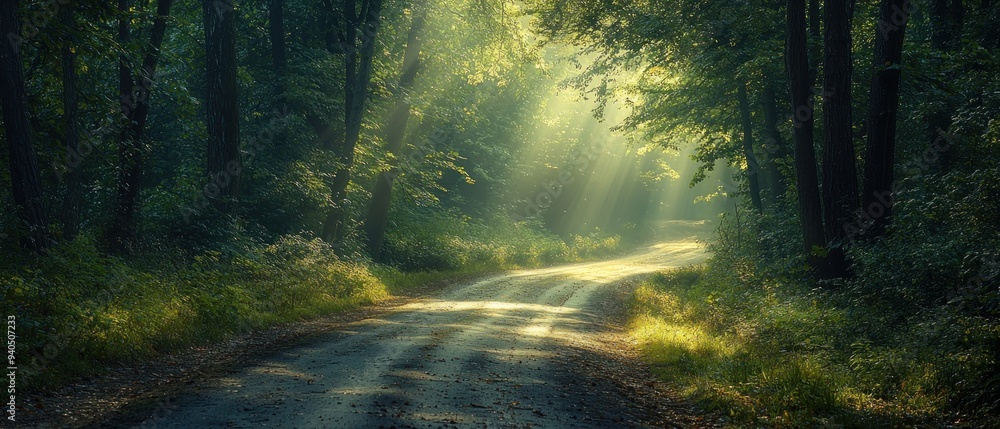 Obraz premium A winding road cutting through a dense forest, with tall, ancient trees on either side, their branches forming a natural canopy overhead. Sunlight filters through the leaves, creating dappled