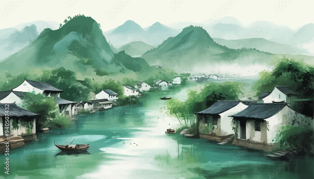 Fototapeta premium Peaceful Village Scene with Boats on the River