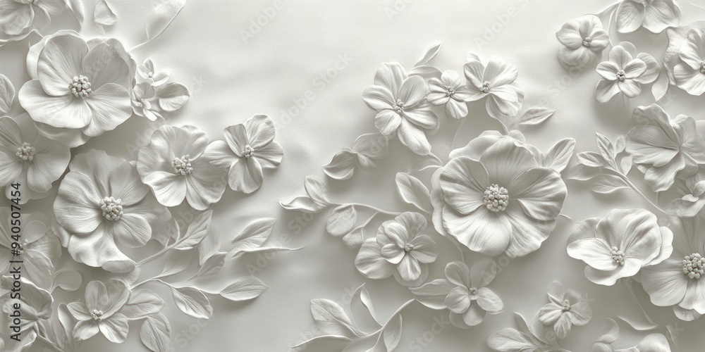 White 3D Floral Embossed Pattern on a Light Grey Background White 3D Floral Embossed Pattern on a Light Grey Background