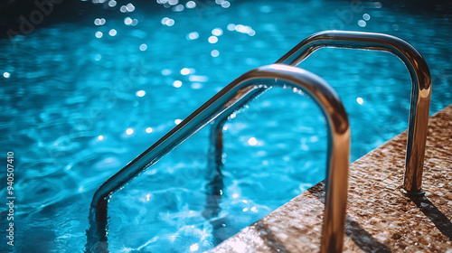 sparkling blue swimming pool with a stainless steel handrail glistens under the sunlight. The water reflects the sky, evoking feelings of relaxation, luxury, and the freedom of a refreshing swim