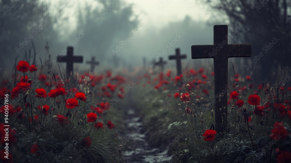 Red Poppies and Crosses in a Misty Forest Red Poppies and Crosses in a Misty Forest