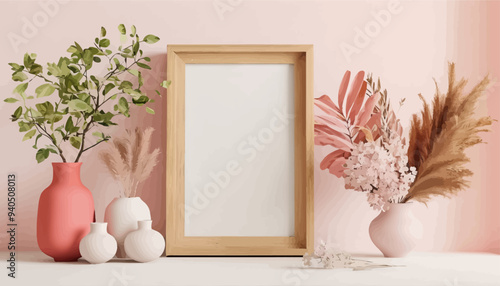 Pink and White Decorative Vases with Flower Arrangements on a Pink Wall