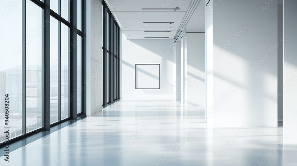 Minimalist White Interior with Large Windows and Black Frame Artwork Minimalist White Interior with Large Windows and Black Frame Artwork