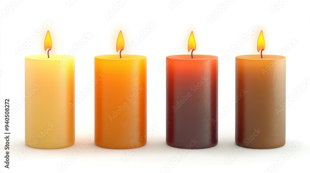 Four Lit Candles with Varying Colors and Flames Four Lit Candles with Varying Colors and Flames