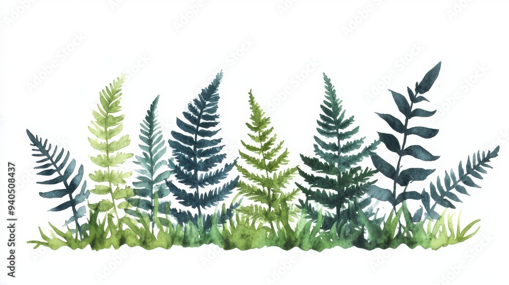 Obraz premium Fern plants flat design, side view, woodland flora theme, water color, Triadic Color Scheme