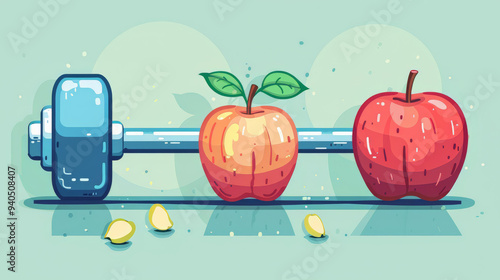 Health and wellness concept with apple and dumbbell - illustration for fitness and nutrition.