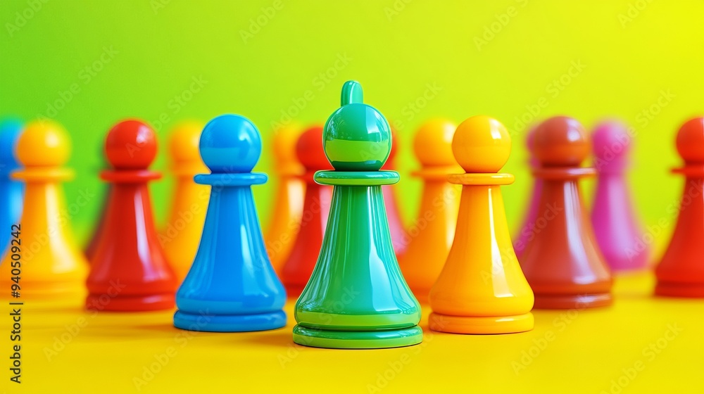 A row of colorful pawns, with a green pawn in the foreground, standing out against a yellow background. A row of colorful pawns, with a green pawn in the foreground, standing out against a yellow background.