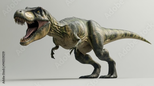 Fototapeta Naklejka Na Ścianę i Meble -  A realistic 3D rendering of a Tyrannosaurus Rex dinosaur with an open mouth, roaring, against a white background.