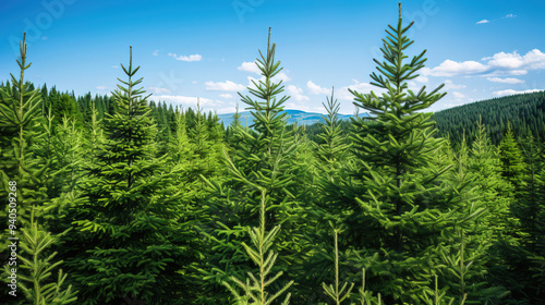 Lush Evergreen Forest Landscape - Mountain Range and Blue Sky