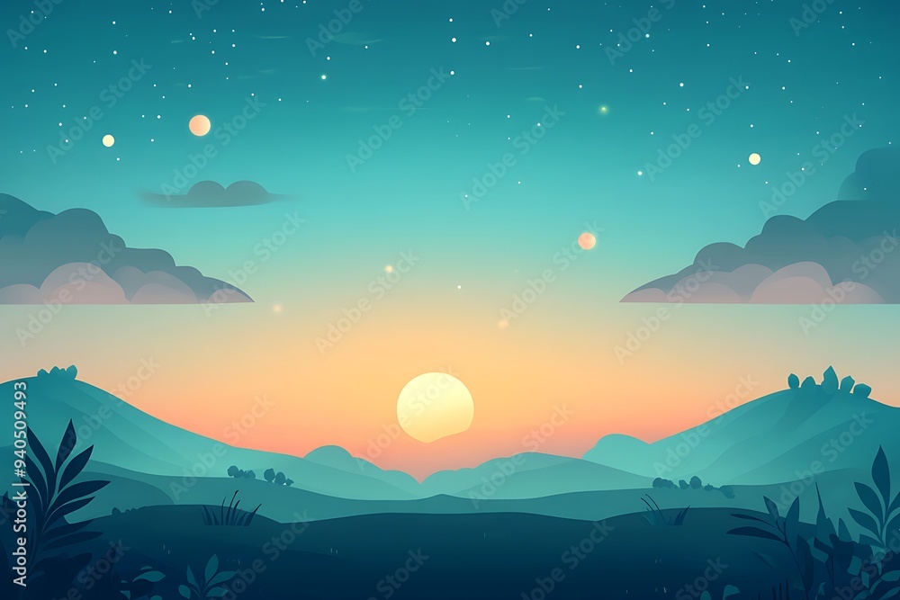 A flat 2D landscape background with 3D animated elements like floating objects and dynamic lighting to add depth A flat 2D landscape background with 3D animated elements like floating objects and dynamic lighting to add depth