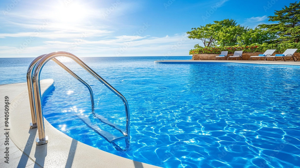 sparkling blue swimming pool with a stainless steel handrail glistens under the sunlight. The water reflects the sky, evoking feelings of relaxation, luxury, and the freedom of a refreshing swim