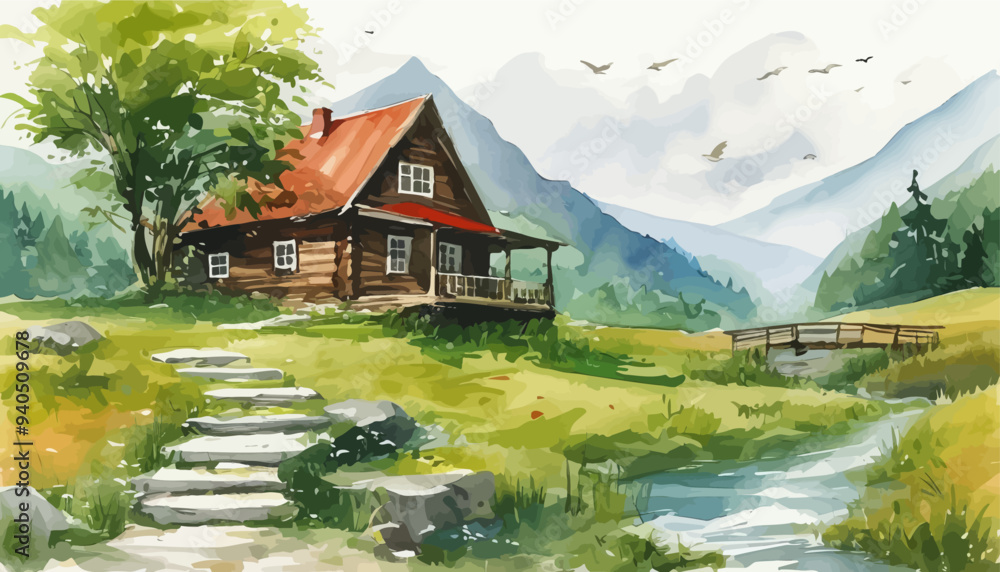 Fototapeta premium Serene Mountain Retreat: A Staircase Leads to a Cozy Cabin in a Lush Green Valley