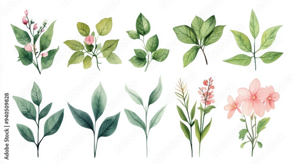 Botanical illustrations flat design, top view, detailed plant art theme, water color, vivid Botanical illustrations flat design, top view, detailed plant art theme, water color, vivid