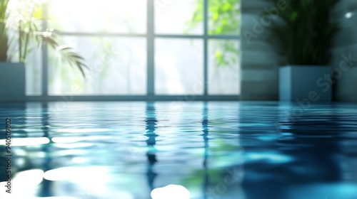 A tranquil indoor pool with clear blue water and natural light streaming through a large window. The scene exudes calmness and serenity.