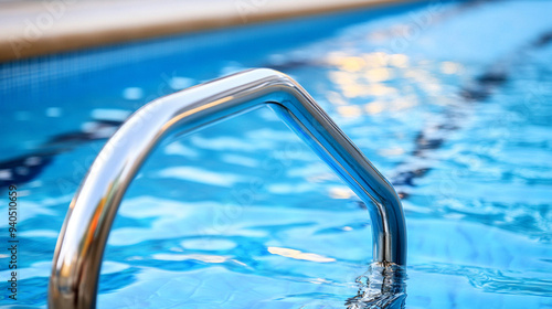 sparkling blue swimming pool with a stainless steel handrail glistens under the sunlight. The water reflects the sky, evoking feelings of relaxation, luxury, and the freedom of a refreshing swim