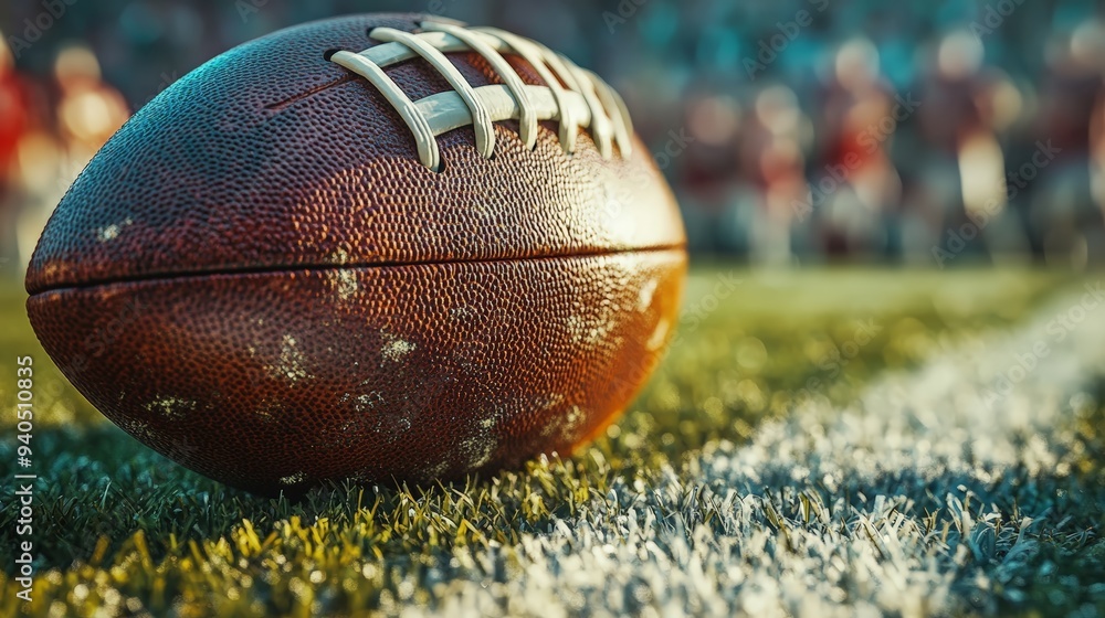 4. A close-up of a football crossing the goal line, the crowd in the background blurred, intense focus on the ball, shallow depth of field 4. A close-up of a football crossing the goal line, the crowd in the background blurred, intense focus on the ball, shallow depth of field