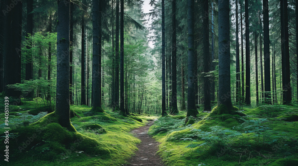 Obraz premium Serene Forest Path: Sunlight Through Tall Trees