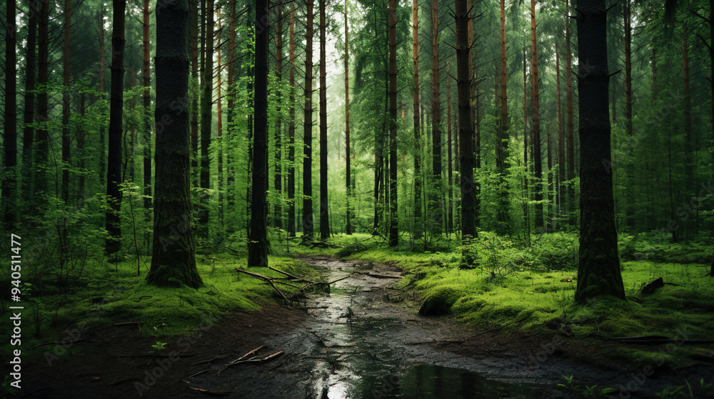 Tranquil Forest Path with Sunlight and Stream Tranquil Forest Path with Sunlight and Stream