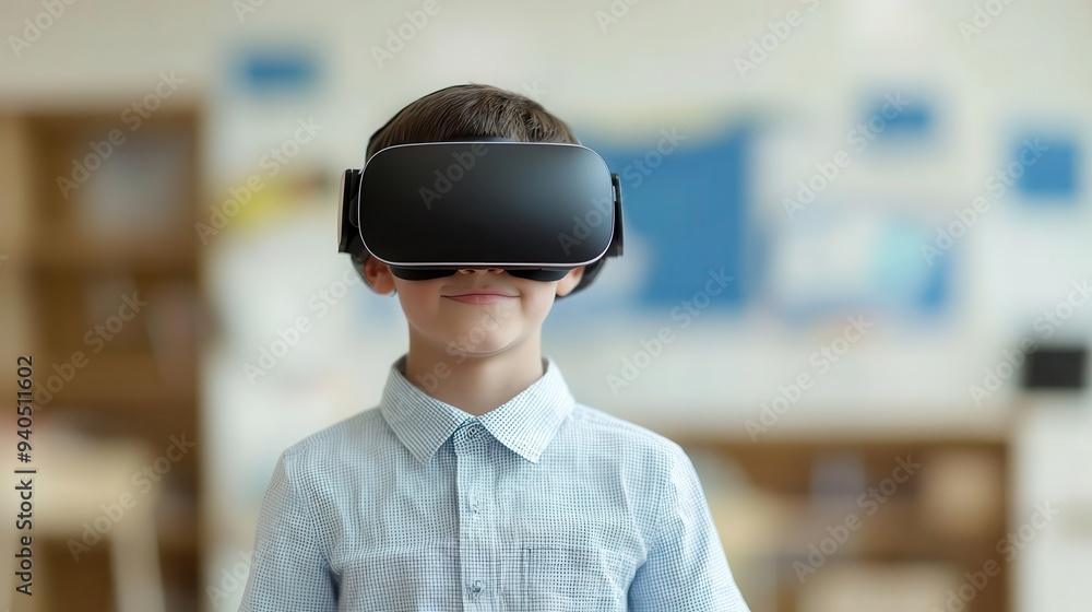 A young boy enjoying virtual reality with a headset, immersed in an interactive learning environment at school. A young boy enjoying virtual reality with a headset, immersed in an interactive learning environment at school.