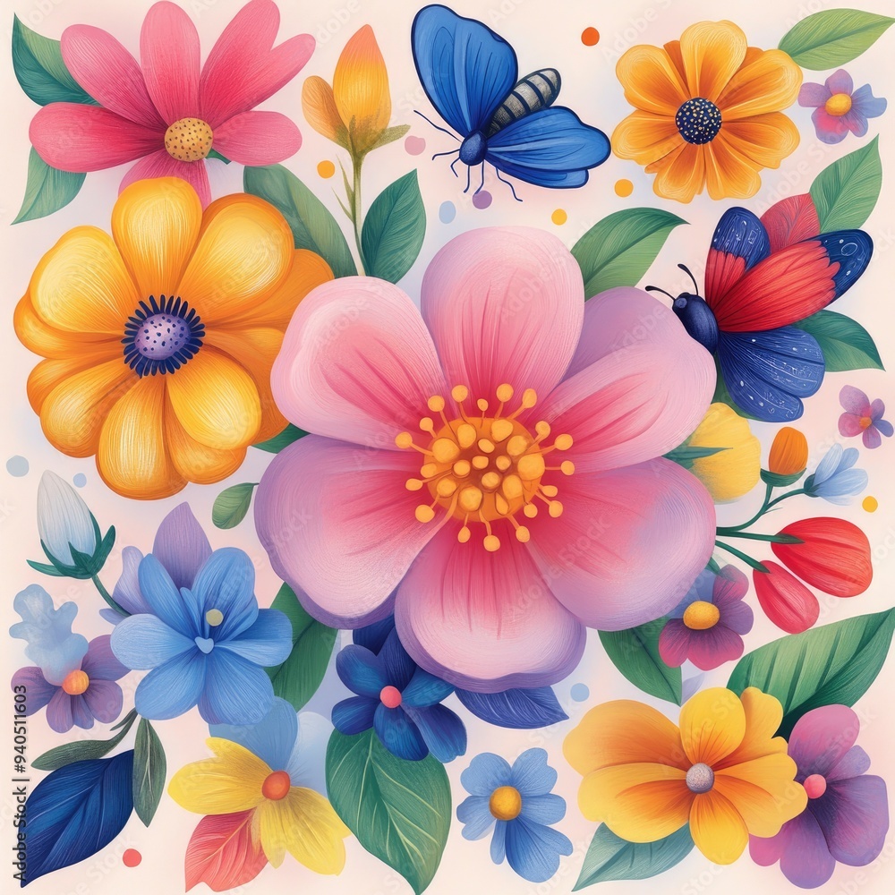 Vibrant Floral Bouquet with Butterflies Vibrant Floral Bouquet with Butterflies