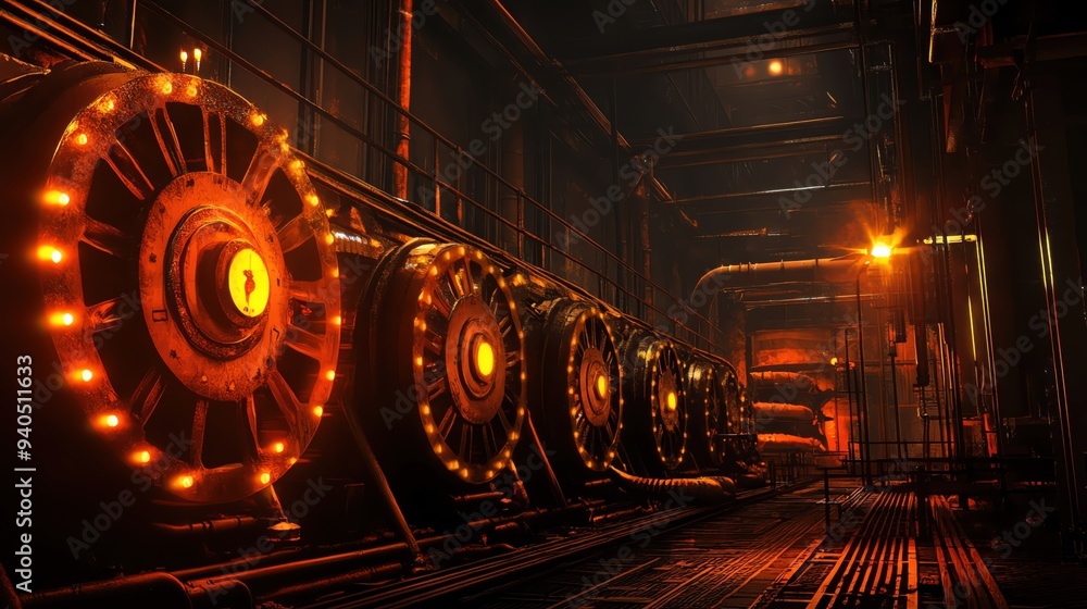 Fototapeta premium Industrial power plant interior with illuminated machinery and pipes, showcasing the energy production and industrial ambiance.