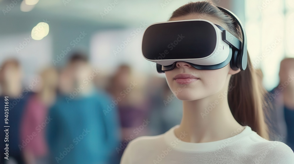A woman experiences virtual reality with a headset, immersed in technology and innovation amid a crowd. A woman experiences virtual reality with a headset, immersed in technology and innovation amid a crowd.