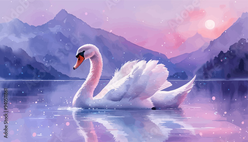 Swan Swimming in Calm Lake at Sunset
