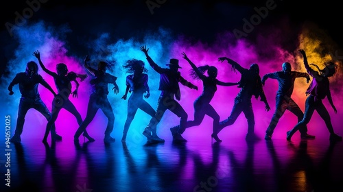 Dynamic group dance performance with diverse dancers against a colorful smoky backdrop.