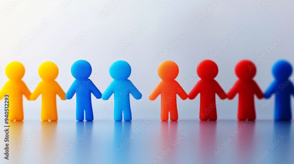 Colorful figurines holding hands in a row, symbolizing unity, diversity, and teamwork. Colorful figurines holding hands in a row, symbolizing unity, diversity, and teamwork.