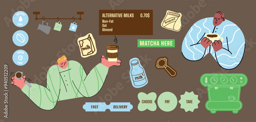 Coffee stickers and doodle characters. Graphic minimalist retro icons. Matcha, beans, coffee, arabica, coffee machine,milk