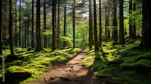 Forest Path with Sunlight and Moss Covered Ground