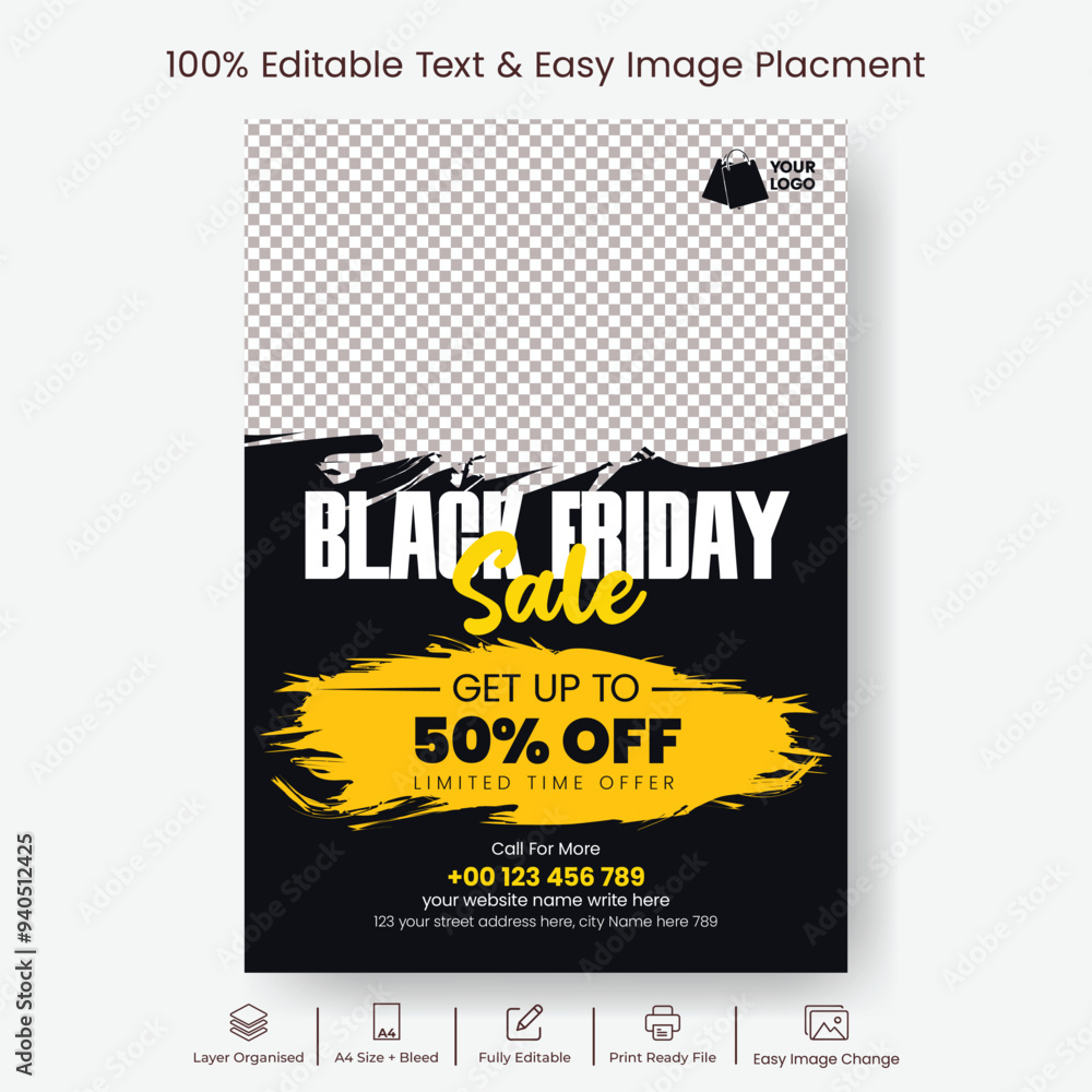 Black Friday product sale offer editable print flyer or poster template for fashion sale or black Friday event leaflet brochure cover design Black Friday product sale offer editable print flyer or poster template for fashion sale or black Friday event leaflet brochure cover design