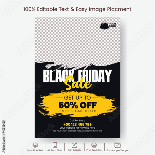 Black Friday product sale offer editable print flyer or poster template for fashion sale or black Friday event leaflet brochure cover design