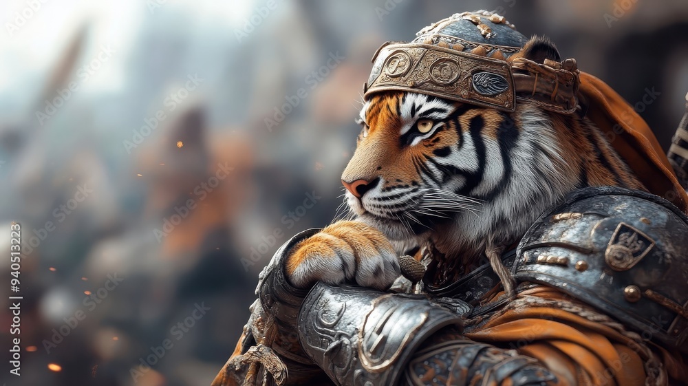 A tiger in knight’s armor, standing bravely in a medieval setting, symbolizing courage and valor. A tiger in knight’s armor, standing bravely in a medieval setting, symbolizing courage and valor.