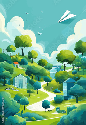 Vibrant, colorful illustration of a peaceful suburban neighborhood with a clear blue sky, flying kites, and lush greenery