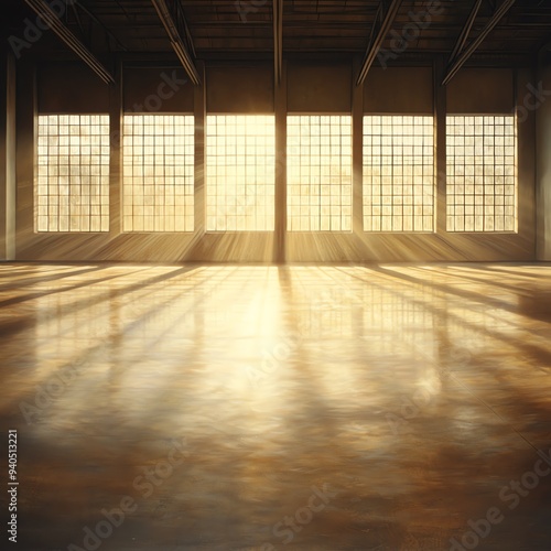 A serene interior space with sunlight streaming through large windows, casting beautiful shadows on the polished floor.